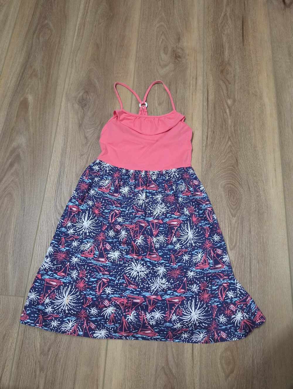Lilly Pulitzer Coral Pink Tank Top with Navy Sailboat & Firework Print Skirt